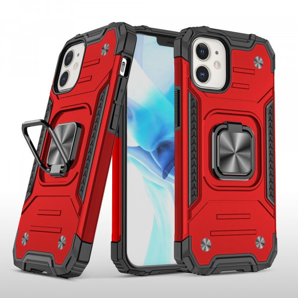 Wholesale Cube Style Armor Case with Rotating Ring Holder, Kickstand and Magnetic Car Mount Plate for iPhone 12 / 12 Pro 6.1 (Red)